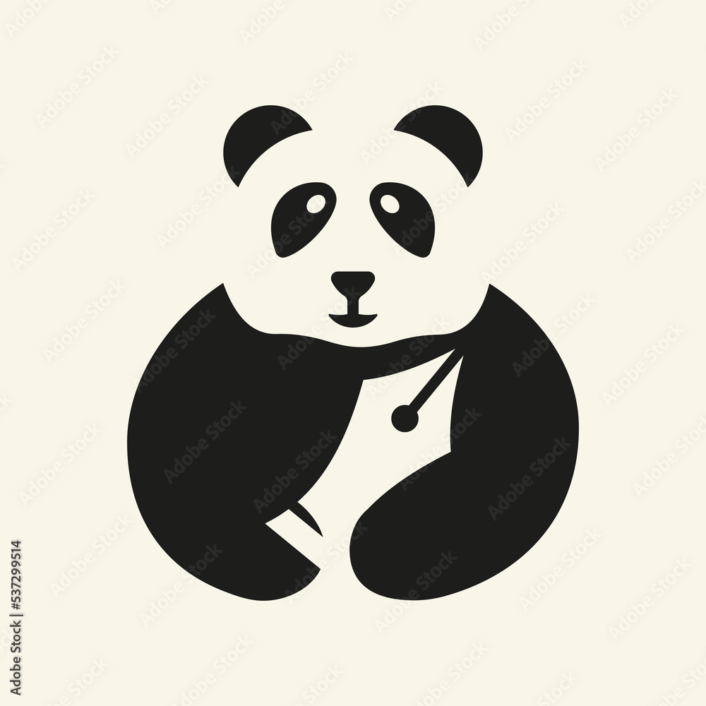 Panda Pen Nib Logo Negative Space Concept Vector Template. Panda Holding Pen Nib Symbol