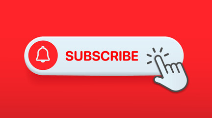 Poster - Subscribe button Bell, notification icon button and hand cursor click. Red button subscribe to channel social media, marketing, blog. Vector illustration for website, mobile app, UI UX. EPS 10