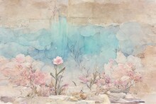 Elegant Gently Pink Flowers And Branches On A Light Background. Vintage Floral Decor For A Postcard. Fantasy Plant 3d Illustration