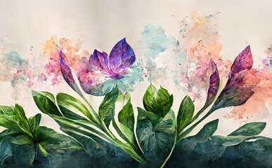 Poster - Elegant bright flowers and branches on a light background. Vintage floral decor for a postcard. Fantasy plant 3d illustration