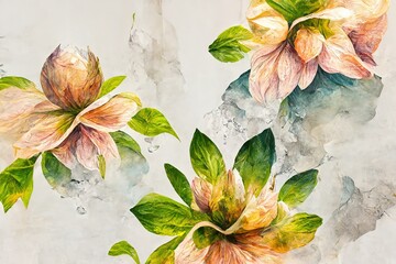 Poster - A flower with many leaves is depicted on the canvas. Watercolor seamless pattern, hand-drawn brush colors, pattern. 3d illustration