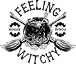 Monochrome label with witchy cauldron with bubbling potion on the bonfire, bone, crossed brooms, silhouette of bat, text Image with none anti-aliasing, easy to recolor. POD, Print on Demand design