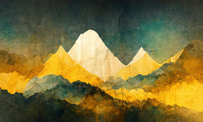 Poster - Minimalistic mountain landscape with watercolor brush in Japanese traditional style. Wallpaper with abstract art for prints or covers. 3d artwork