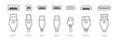 Cable connectors and plugs line icons set . USB, HDMI, ethernet icon set. Mini, micro, lightning, type A, B, C connectors. Vector illustration white  background