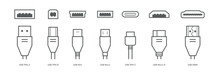 Cable Connectors And Plugs Line Icons Set . USB, HDMI, Ethernet Icon Set. Mini, Micro, Lightning, Type A, B, C Connectors. Vector Illustration White  Background