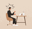 Man got burnout in workplace, angry worker. Vector illustration of stressed, overworked tired professional. 