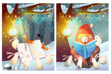Bear And Bunnies Reading A Book Or Study In Forest Under A Tree. Winter Animals Scene Reading Book At Night. Animals Story Or Fairy Tale Illustration For Kids. Watercolor Style Vector For Children.