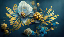 Raster Illustration Of Beautiful Blue Flower Arrangement With Bracelet, Leaves, Bouquet. Fragrant Colors In Sea Colors. Botanical Garden, Fine Art, Painting. Wreath Of Flowers. 3D Artwork Background