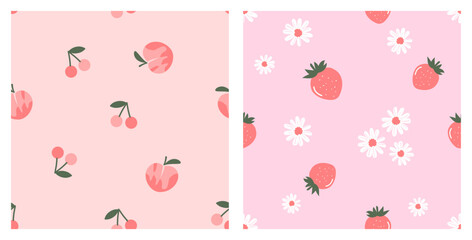 Poster - Seamless pattern with peach fruit, cherries, strawberries and daisy flower on pink backgrounds vector illustration. Cute fruit print.