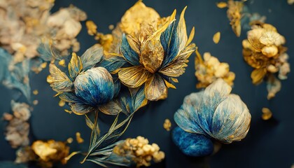 Elegant golden and blue flowers and branches on light background. Vintage floral decor for postcard. Fantastic plant 3d illustration