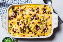 Baked Mashed Potatoes With Bacon And Green Onion. Festive Christmas Or Thanksgiving Day Dish.