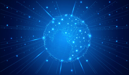 Leinwandbilder - Abstract low poly digital glove network communication concept. Wireframe vector earth with futuristic beam in cyber space background.