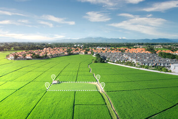 Wall Mural - land plot in aerial view. gps registration survey of property, real estate for map with location, ar