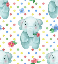 Watercolor Seamless Pattern. With Cute Little Animals. Baby Elephant With Flowers And Colored Polka Dots On A White Background