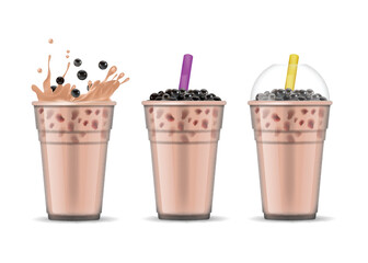 Poster - Realistic Detailed 3d Different Bubble Milk Tea Set Isolated on a White Background. Vector illustration of Boba Drink