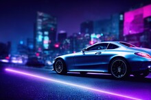 A Mercedes Benz Look Alike Car In A Neon Night City