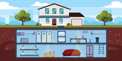 vector illustration of innovative bunker under the house. cartoon urban buildings with home sho has 