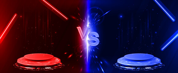 Aufkleber - Hi-tech versus banner with futuristic stages - holograms. VS template background for GUI, cybersport, game tournaments, battle, match, fights. Futuristic podium with neon,  word VS and flying sparks
