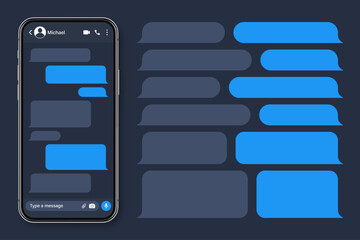 Realistic smartphone with messaging app. Blank SMS text frame. Conversation chat screen with blue message bubbles. Social media application. Vector illustration.