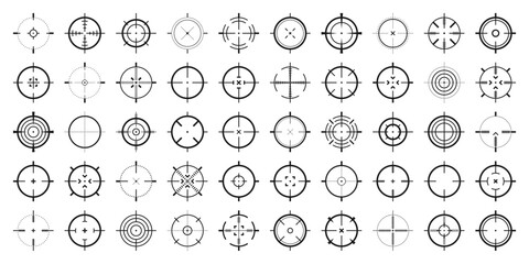 Sticker - Crosshair, gun sight vector icons. Bullseye, black target or aim symbol. Military rifle scope, shooting mark sign. Targeting, aiming for a shot. Archery, hunting and sports shooting. Game UI element.