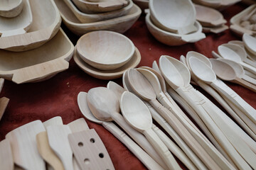 Shallow depth of field (selective focus) details with Romanian traditional hand crafted wooden kitchen utensils (bowls, spatulas, forks, spoons).