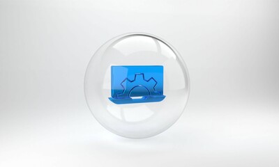 Blue Software, web development, programming concept icon isolated on grey background. Programming language and program code on screen laptop. Glass circle button. 3D render illustration