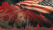 © TEERAPONG - Stock market trading graph in red color economy. usa flag dollar bill background. Trading trends and economic development. Effect of recession on US economy. Stock crash market exchange loss trading