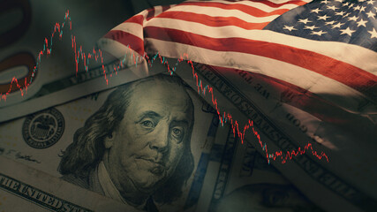 stock market trading graph in red color economy. usa flag dollar bill background. trading trends and