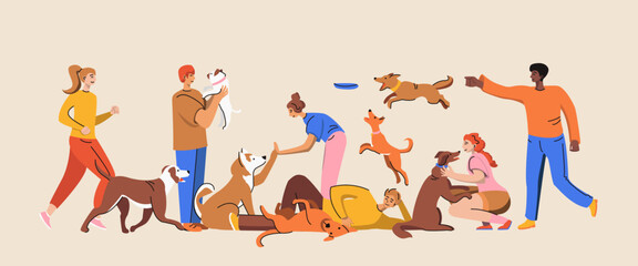 People pets composition and doodle style people walking with their pets vector illustration.  Community of dog lovers. Flat graphic vector illustration isolated on a solid background