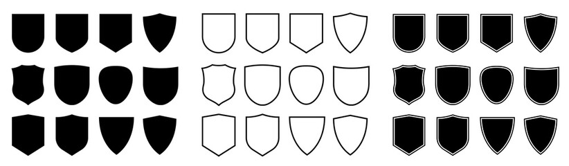 Shield icons flat vector set. Shield shape silhouette and outline collection. 