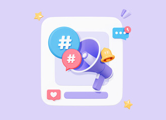 Poster - 3d post frame in social media with megaphone and hashtag. social network marketing and promotion con