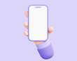 3D Hand holding mobile phone with empty screen. Smartphone with copy space for text or promotion. Template or mock up concept. Cartoon creative design icon isolated on purple background. 3D Rendering