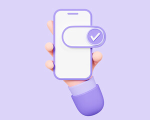Fototapete - 3D Hand holding mobile phone with toggle switch button and check mark. Mobile settings. Slider with tick. Digital technology. Cartoon creative design icon isolated on purple background. 3D Rendering