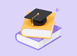 3D Graduation cap on books. Education concept. Back to school. University knowledge. Degree ceremony. Online class. E-learning. Cartoon creative design icon isolated on purple background. 3D Rendering