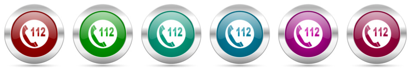 Aufkleber - Emergency  number 112 call silver metallic vector icon set, round glossy buttons with chrome border for web design