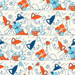 Merry Christmas seamless pattern with cute hand drawn colorful kittens. Nursery baby vector illustration, surface design, wrapping paper art.