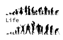 Human In Different Ages. Silhouette Profile Of Male And Female Person Growth Stages, People Generations From Baby To Old Vector Illustration Set. Man And Woman Characters In Aging Process