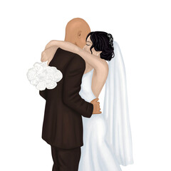 Bald groom hugging with bride. Watercolor hand painted bald groom in brown costume and pretty black hair young bride with a wedding bouquet. Design for wedding designs, cards, invitations.