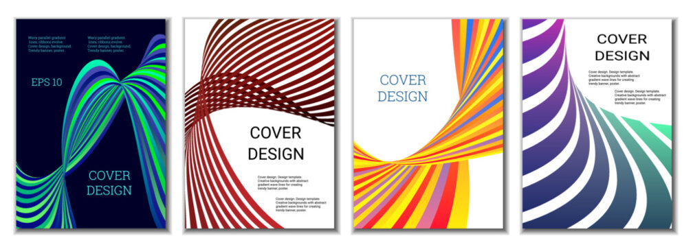A set of 4 abstract covers. Wavy parallel gradient lines, ribbons evolve. Cover design, background. Trendy banner, poster.