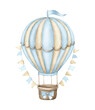 Blue hot air balloon with festive flags..Watercolor illustration isolated on white background.