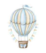 Blue Hot Air Balloon With Festive Flags..Watercolor Illustration Isolated On White Background.