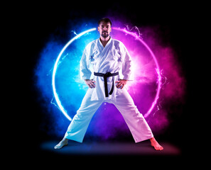 Wall Mural - Karate masters on neon background