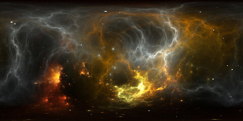 360 degree space background with nebula and stars, equirectangular projection, environment map. HDRI spherical panorama.