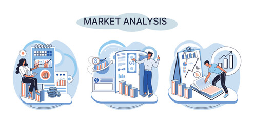 Poster - Market analysis metaphor marketing strategy development. Business research. Identify business determine solutions business problems solving. Marketer analyzes sales plan, doing an advertising campaign