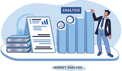 Poster - Market analysis metaphor marketing strategy development. Business research. Identify business determine solutions business problems solving. Marketer analyzes sales plan, doing an advertising campaign
