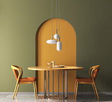 Interior Design With Wooden Round Table And Chairs. Modern Dining Room With Green And Orange Wall. Cafe, Bar Or Restaurant Interior Design. Home Interior. 3d Rendering