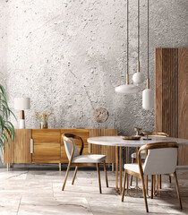 Wall Mural - Interior design of modern dining room or living room, marble table and chairs. Wooden sideboard over grunge concrete stucco wall. Home interior. 3d rendering