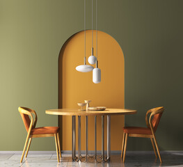 Interior design with wooden round table and chairs. Modern dining room with green and orange wall. Cafe, bar or restaurant interior design. Home interior. 3d rendering