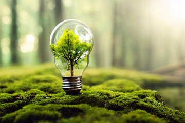 tree inside a light bulb on the forest floor, depth of field