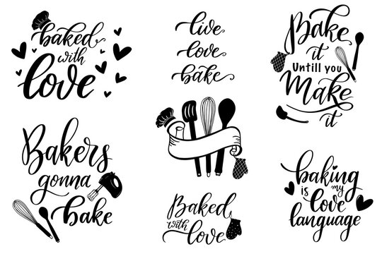 Set of baking Quotes vector illustration, Cooking hand drawn lettering, Baking with love, Kitchen wall art print, Kitchen utensils, Bakery poster, Farmhouse decor, Chef logo